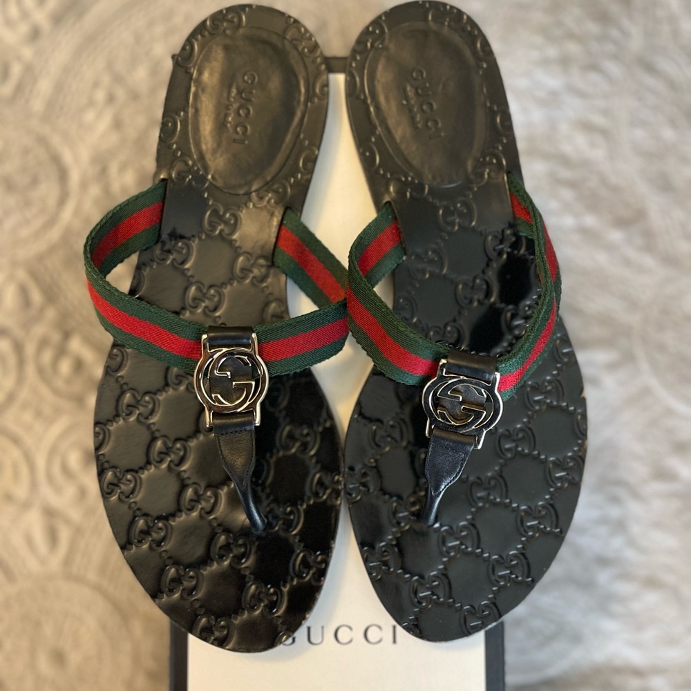 Gucci Leather / Nylon GG Flat Sandals